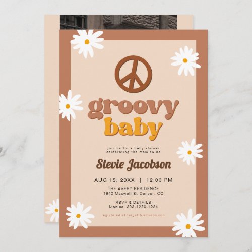 STEVIE Retro 70s Daisy Peace Groovy Baby Shower Invitation