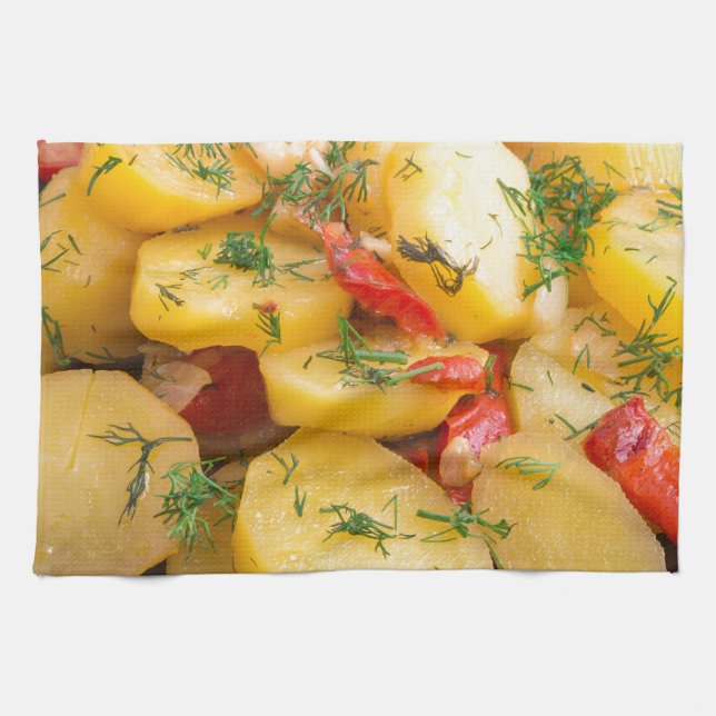 Stew of potatoes with onion, bell pepper and dill towel (Horizontal)