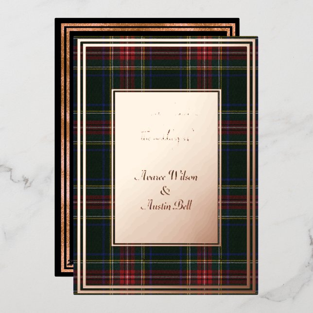 Stewart Black Modern Original Tartan Rose Gold Foil Invitation (Front/Back)