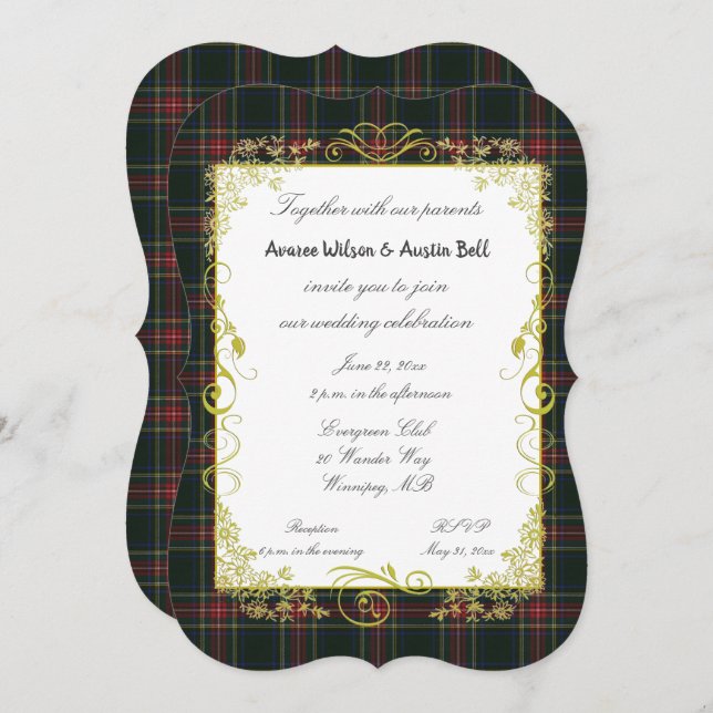 Stewart Black Modern Tartan With Gold Frame Invitation (Front/Back)