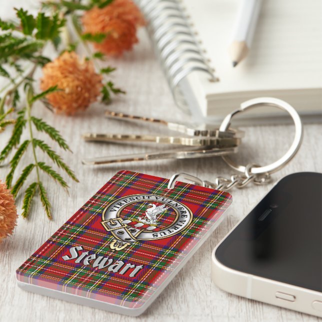 Stewart Clan Badge/Tartan Rectangle Keychain (Front Right)