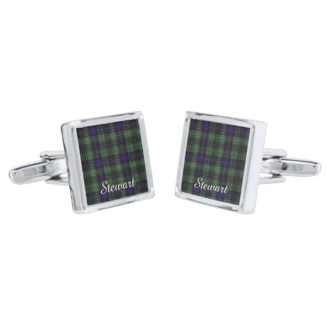 Stewart clan Hunting Plaid Scottish tartan Silver Cufflinks (Angled)
