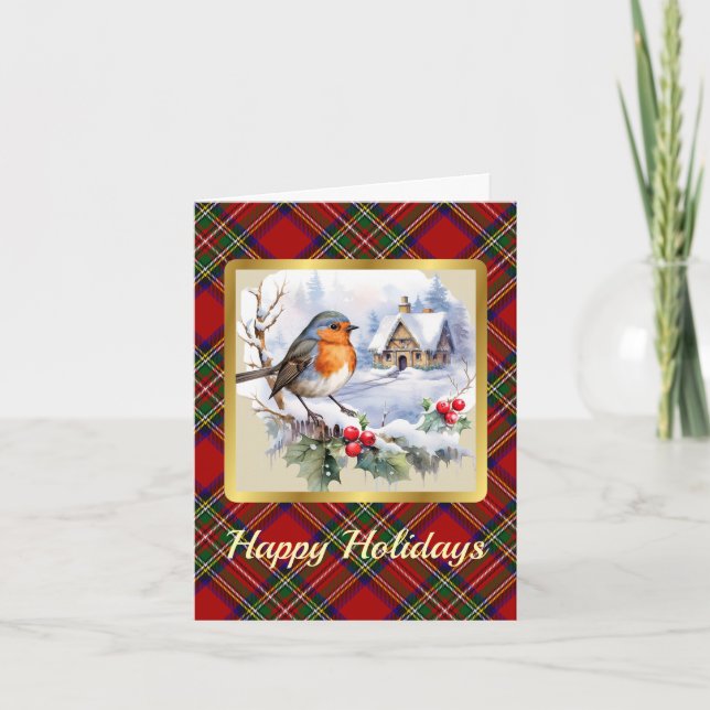 Stewart Crest & Tartan w/Robin Personalized Xmas Card (Front)