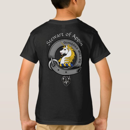 Stewart of Appin Clan Badge  Tartan2 Kids T_Shirt