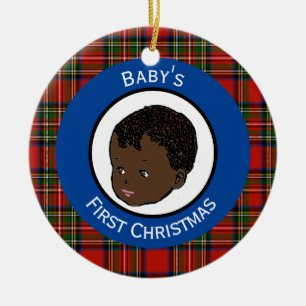Stewart Plaid Black Baby's First Christmas Ceramic Ornament
