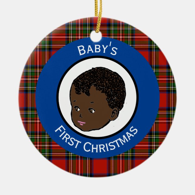 Stewart Plaid Black Baby's First Christmas Ceramic Ornament (Front)