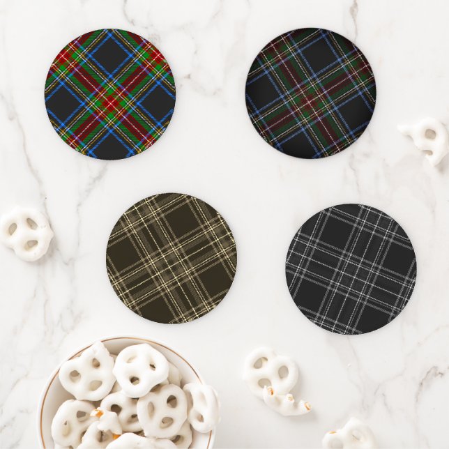 Stewart Stuart Black Clan Tartan Plaid Coaster Set (In Situ)