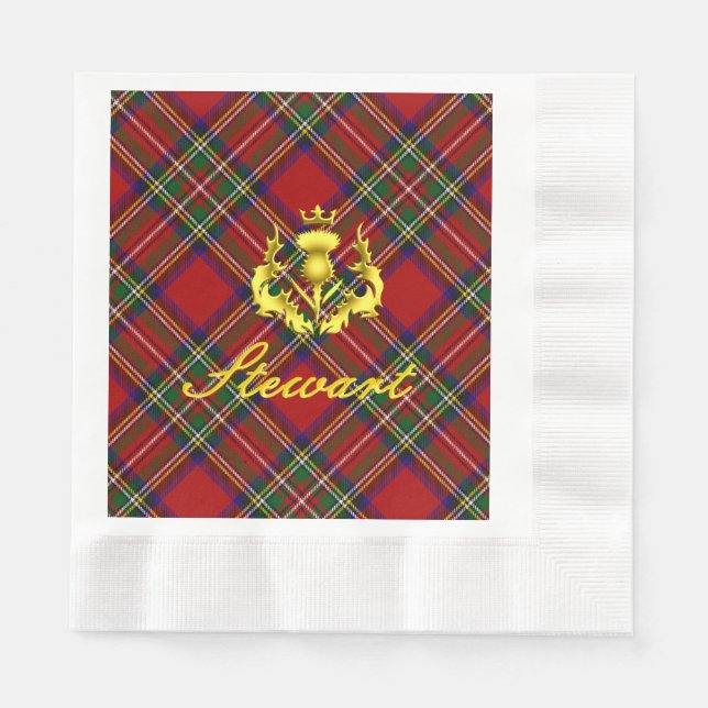 Stewart Tartan & Gold Crowned Thistle Napkins (Front)