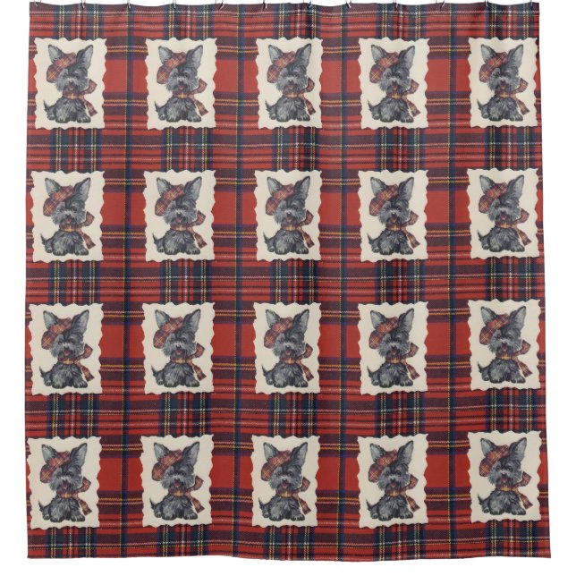 Stewart Tartan Vintage Scottish Terrier Shower Curtain (Front)