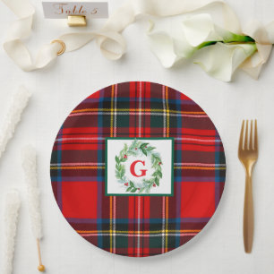 Stewart Xmas Plaid MONOGRAM Handpainted Wreath Paper Plates