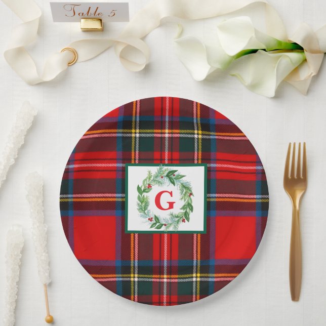Stewart Xmas Plaid MONOGRAM Handpainted Wreath Paper Plates (Wedding)