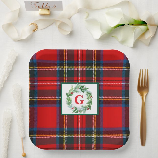 Stewart Xmas Plaid MONOGRAM Handpainted Wreath SQ Paper Plates (Wedding)