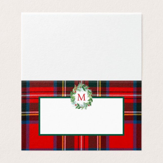 Stewart Xmas Plaid Wreath Monogram Place card (Outside Unfolded)