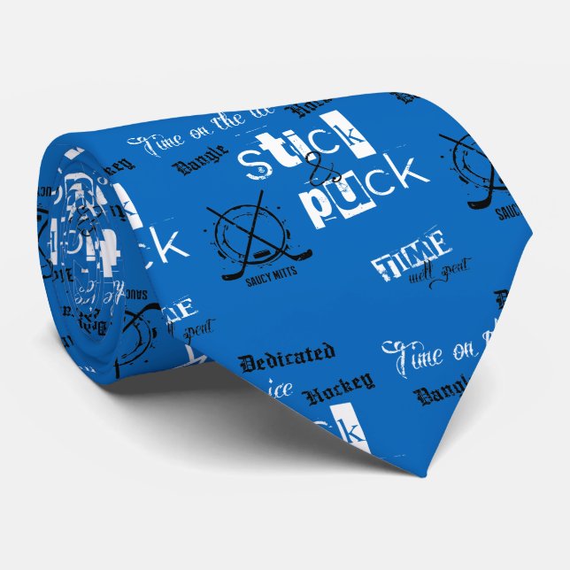 Stick and Puck Time Hockey Coach on blue Neck Tie (Rolled)