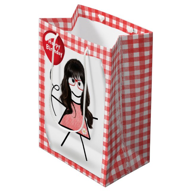 Stick Birthday Gingham Girl with Red Balloon  Medium Gift Bag (Front Angled)