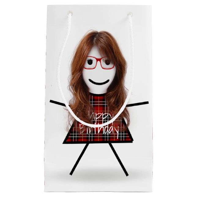 Stick Birthday Girl with Plaid Dress Small Gift Bag (Front)