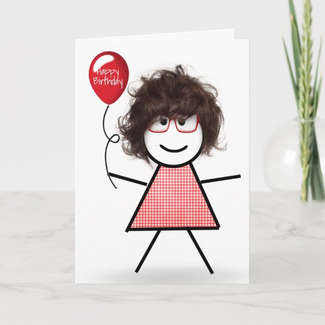 Stick Birthday Girl with Red Balloon Card (Front)