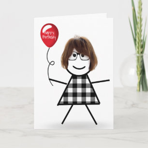 Stick Birthday Girl with Red Balloon Card