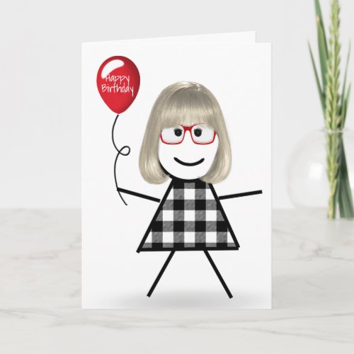 Stick Birthday Girl with Red Balloon Card