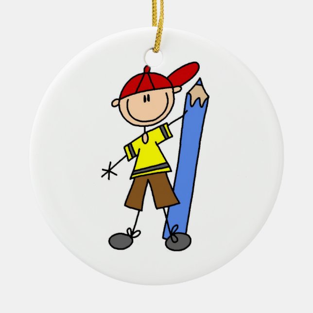 Stick Boy With Pencil Ceramic Ornament (Front)