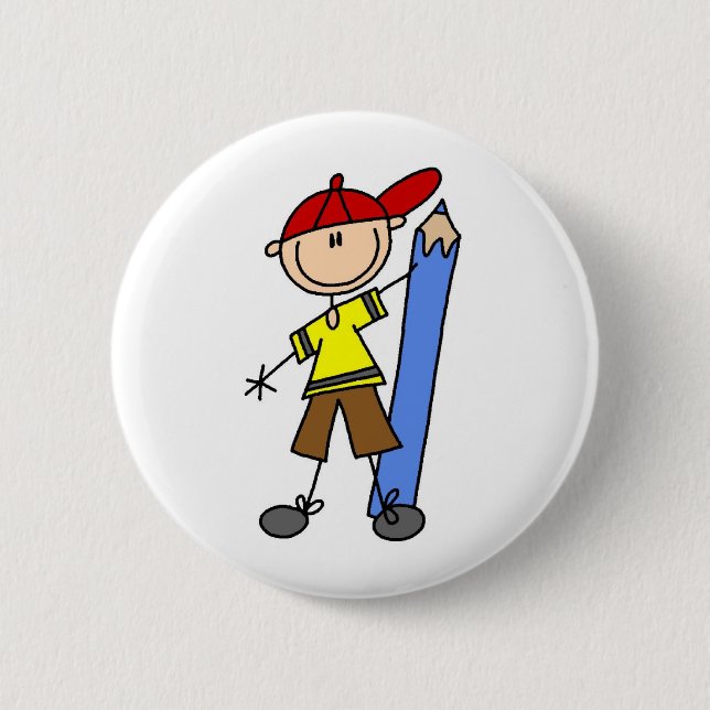 Stick Boy with Pencil Pinback Button (Front)