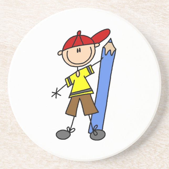 Stick Boy With Pencil Sandstone Coaster (Front)