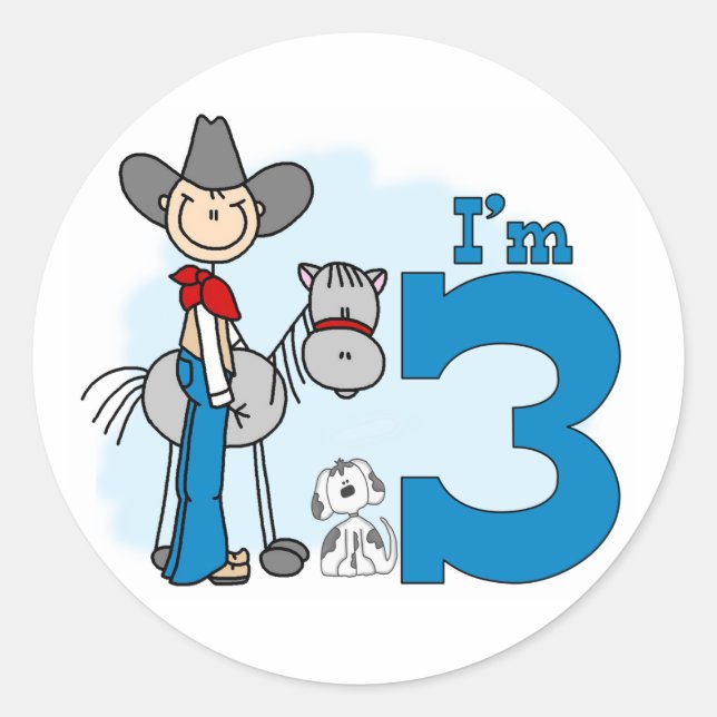 Stick Cowboy 3rd Birthday Classic Round Sticker (Front)