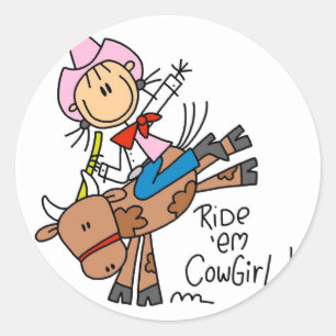 Stick Cowgirl Riding Bull Tshirts and Gifts Classic Round Sticker