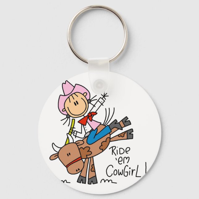 Stick  Cowgirl Riding Bull Tshirts and Gifts Keychain (Front)
