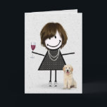 Stick Figure Birthday Girl with Dog   Card<br><div class="desc">Cute stick figure girl in sneakers,  polka dot dress,  pearl necklace with a glass of red wine and golden retriever dog on a soft gray terrazzo background for birthday.</div>