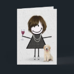 Stick Figure Birthday Girl with Dog   Card<br><div class="desc">Cute stick figure girl in sneakers,  polka dot dress,  pearl necklace with a glass of red wine and golden retriever dog on a soft gray terrazzo background for birthday.</div>