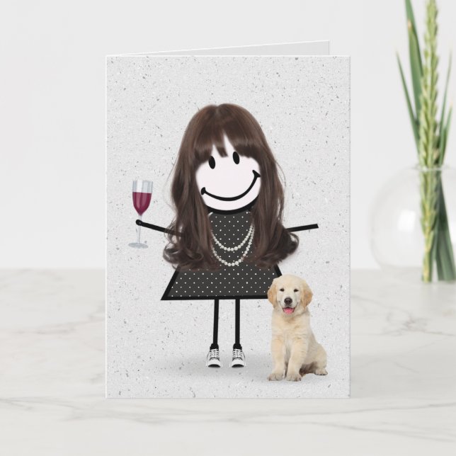Stick Figure Birthday Girl with Dog Card (Front)