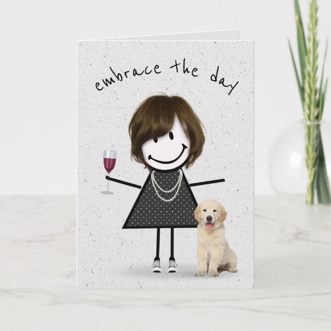 Stick Figure Birthday Girl with Dog Card (Front)