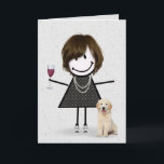 Stick Figure Birthday Girl with Dog   Card<br><div class="desc">Cute stick figure girl in sneakers,  polka dot dress,  pearl necklace with a glass of red wine and golden retriever dog on a soft gray terrazzo background for birthday.</div>
