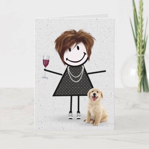 Stick Figure Birthday Girl with Golden Retriever Card