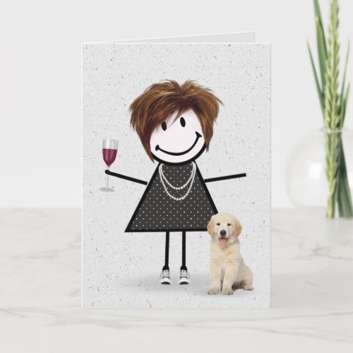 Stick Figure Birthday Girl with Golden Retriever Card