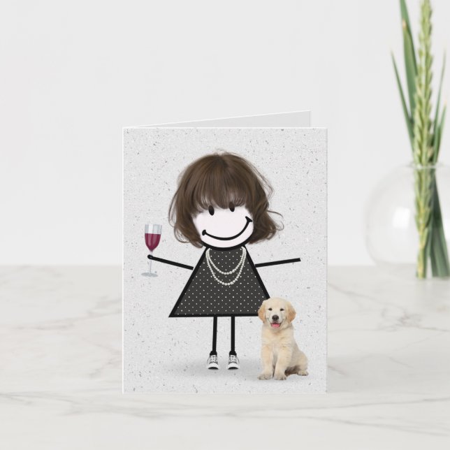 Stick Figure Birthday Girl with Golden Retriever Card (Front)