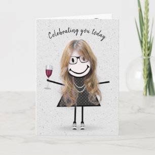 Stick Figure Birthday Girl with Red Wine Card