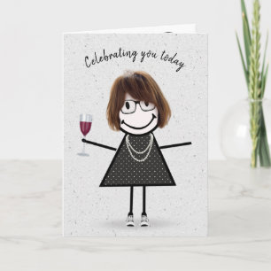 Stick Figure Birthday Girl with Red Wine Card