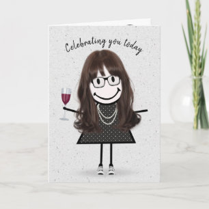 Stick Figure Birthday Girl with Red Wine Card