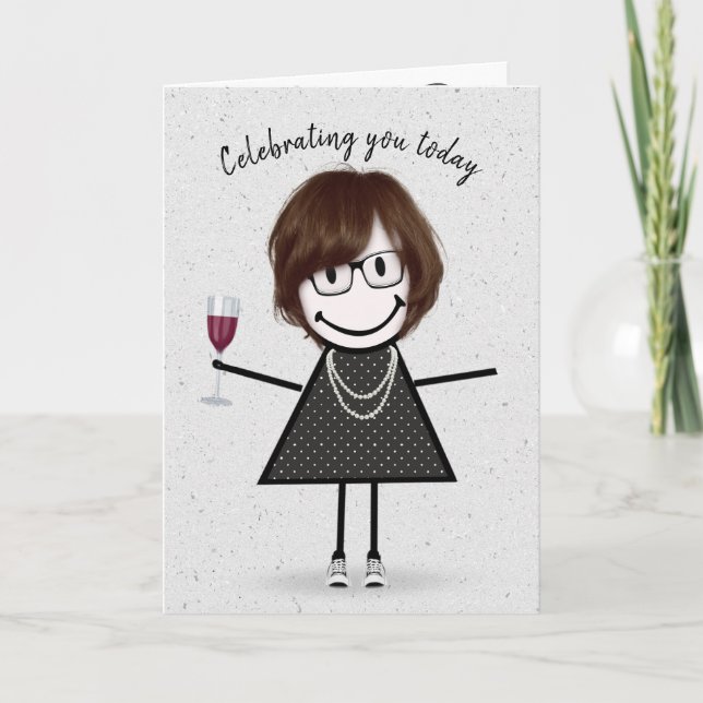 Stick Figure Birthday Girl with Red Wine  Card (Front)