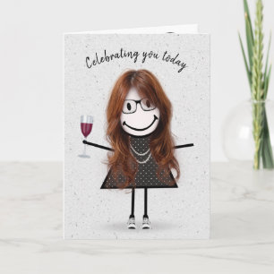 Stick Figure Birthday Girl with Red Wine Card