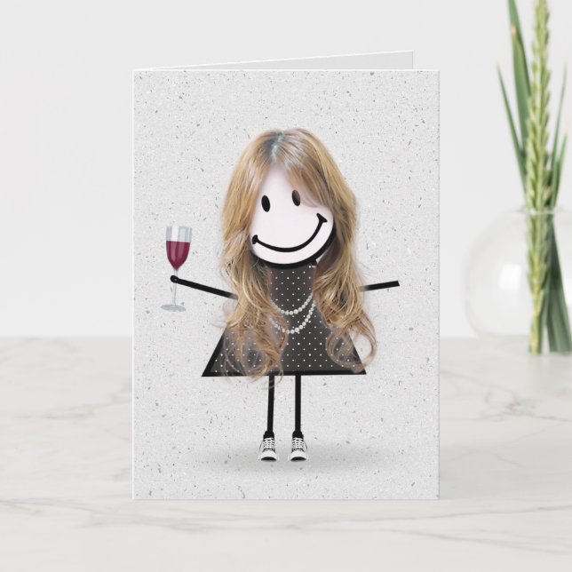 Stick Figure Birthday Girl with Wine  Card (Front)