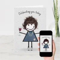 Stick Figure Birthday Girl with Wine Glass Card