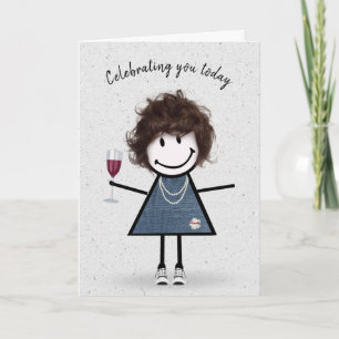 Stick Figure Birthday Girl with Wine Glass Card