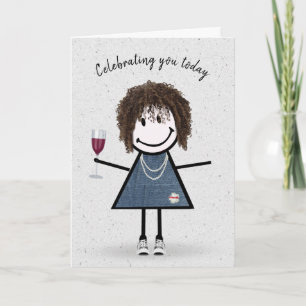 Stick Figure Birthday Girl with Wine Glass Card