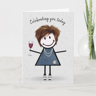 Stick Figure Birthday Girl with Wine Glass Card