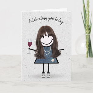 Stick Figure Birthday Girl with Wine Glass Card