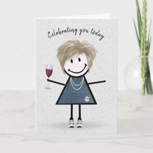 Stick Figure Birthday Girl with Wine Glass Card