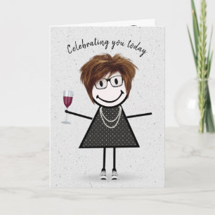Stick Figure Birthday Girl with Wine Glass Card